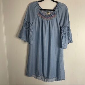 Democracy Boho Smock Neck Dress Blue Chambray W/Bell Ruffle Sleeves Size Medium